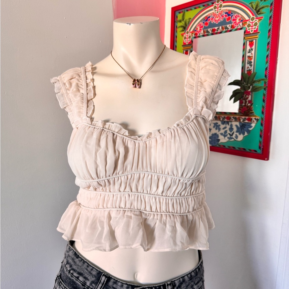 Cream Ruffled & Ruched Crop Top - Picture 2 of 6